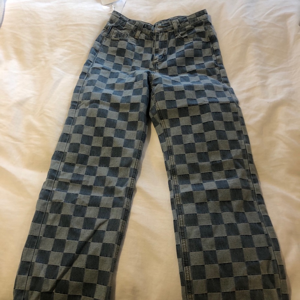 Blue checkered denim pants